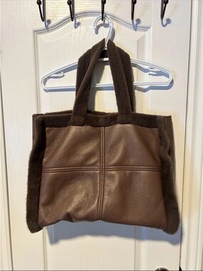 Brown Faux-Shearling Tote Bag
